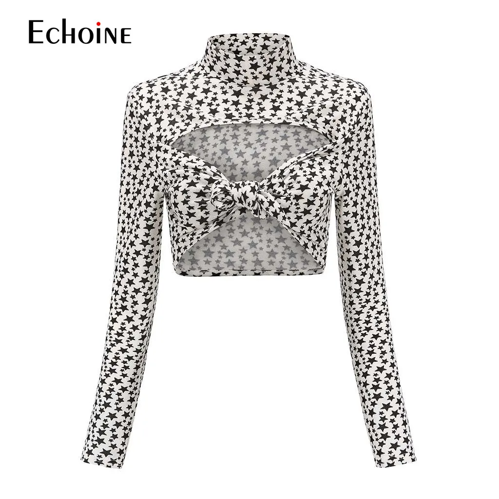 Женский укороченный Топ с длинным рукавом ажурная бандажная рубашка и принтом