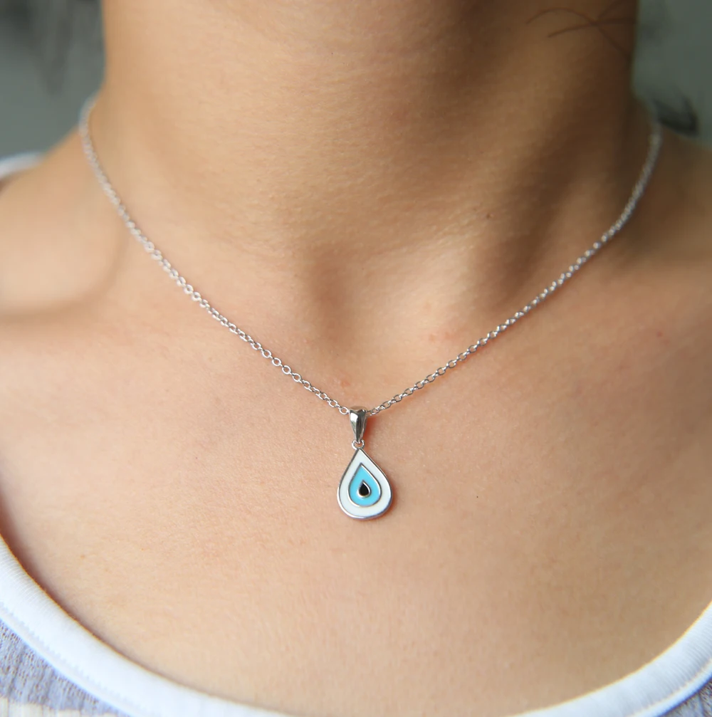 Sterling silver color Necklace Women Fashion Collier Cute Tiny blue enamel drop eye Pendant For Girls Lady Gifts | Украшения и