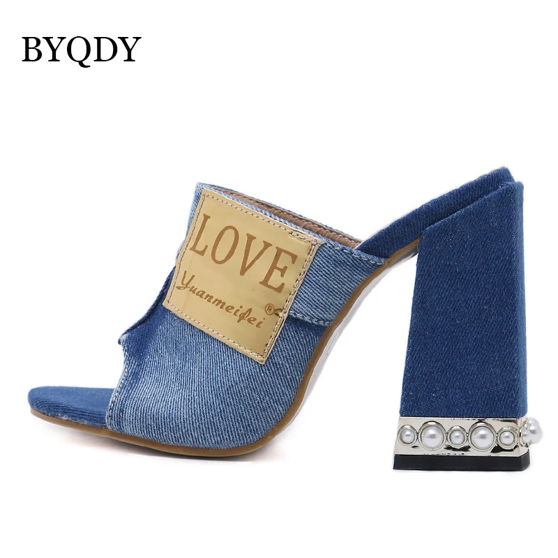 BYQDY Women Sandals Designer Denim Peep Toe High Heels Open Pearl Thick Heel Mules Sides Pumps Valentine Love Shoes | Обувь