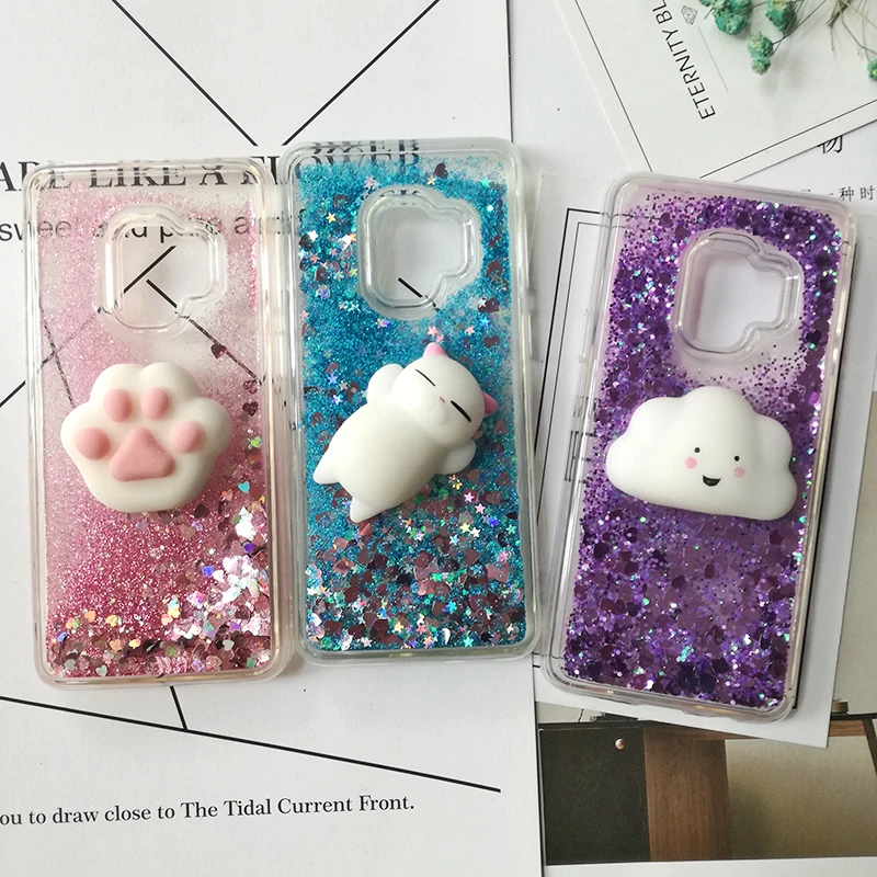 Squishy Cat Case For Samsung S9 Plus S8 S20 S10 S7 Edge A13 A53 A73 4G A50 A70 A51 A71 A91 Phone Case Glitter Liquid Clear Cover