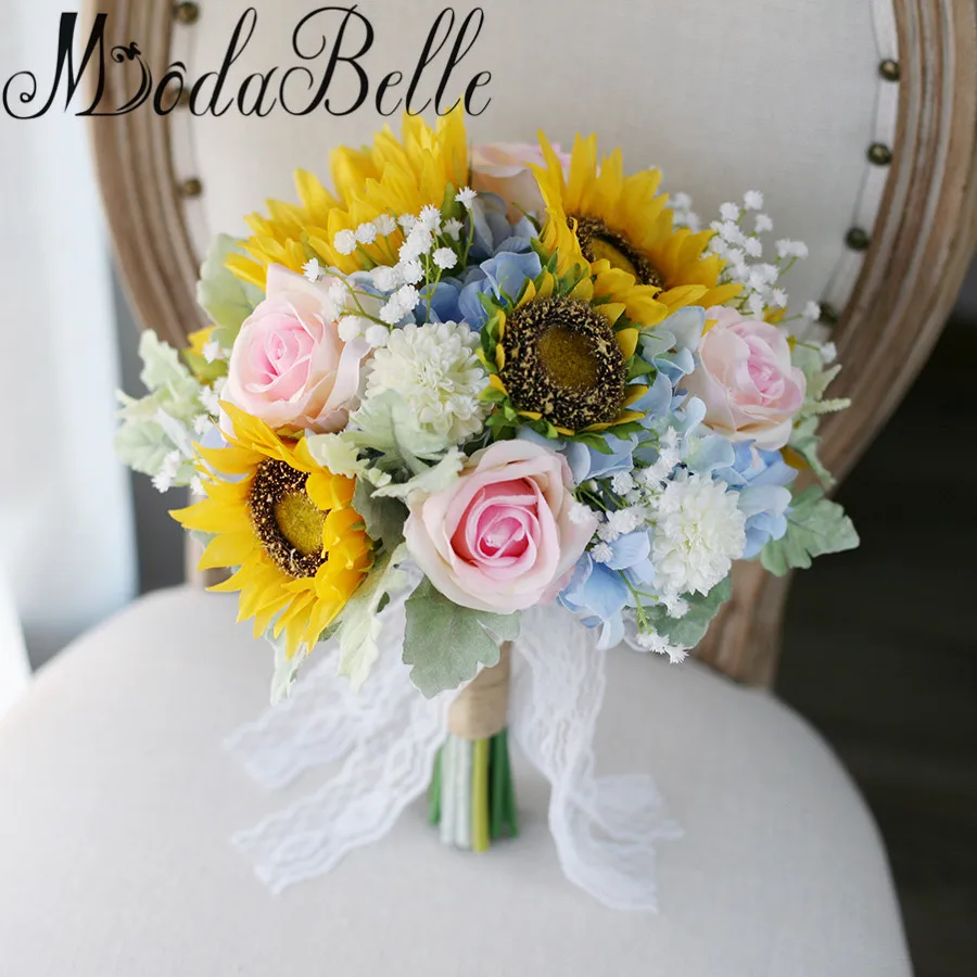 modabelle Sunflower Wedding Bouquet Yellow Pink Artificial Bridal Lace Brides Brooch Bouquets Accessoire Mariage | Свадьбы и