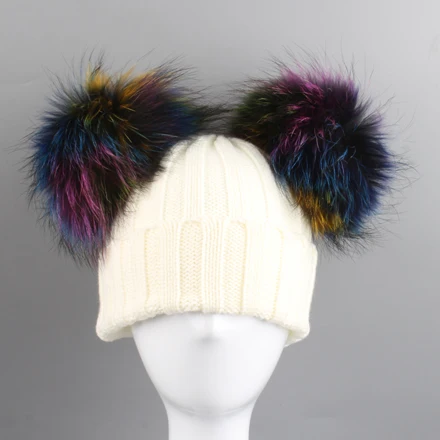 colors fur white cap Зимняя детская трикотажная шапка с два меховых помпона для мальчиков и девочек, с натуральным мехом для детей, куртка для девочек, Шапка-бини Кепки двойной зимняя шапка из натурального меха с помпоном для детей - Цвет: colors fur white cap