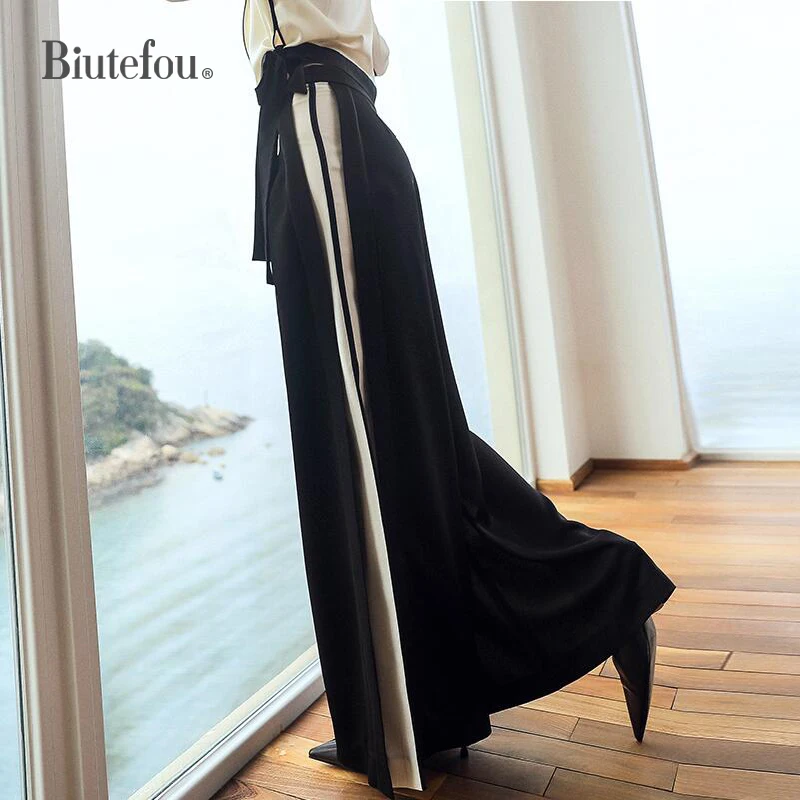 Женские длинные брюки Biutefou с высокой талией в полоску широкими штанами весенние