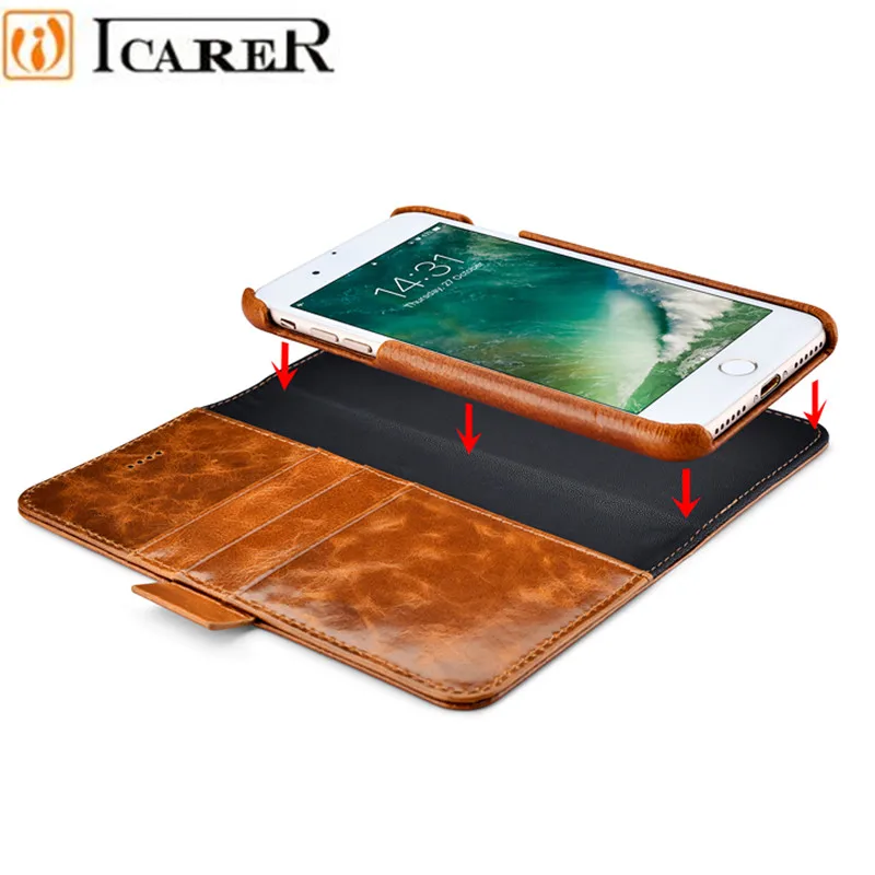 Чехол книжка ICARER Oil Wax из натуральной кожи со съемным 2 в 1 бумажником для IPhone 7 Plus 6 6S
