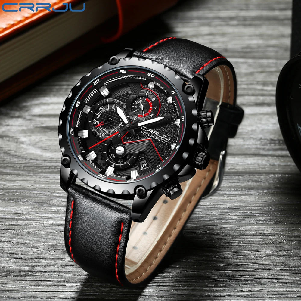 

Top Brand CRRJU Fashion Leather Watches Mens Military Chronograph Analog Quartz Sports Wrist Watch For Men Relogio Masculino