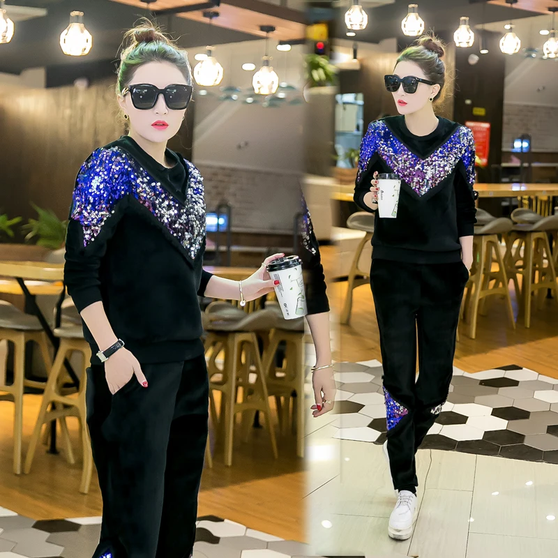 Спортивный костюм для женщин 2018 зима новый вышивка блестки бархат утолщаются