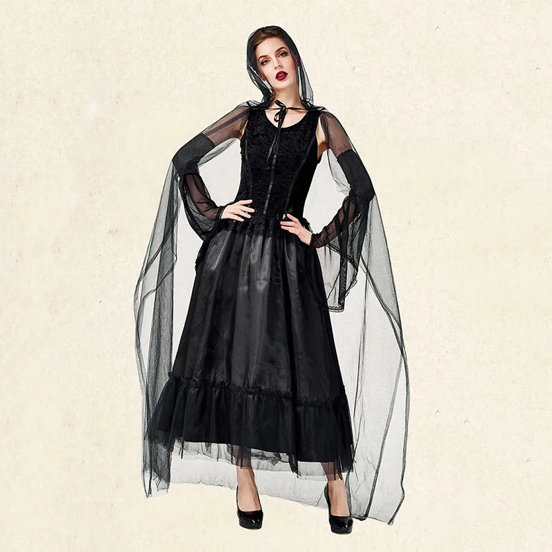 

Halloween Black Gothic Witch Costume for Adult Women Carnival Fantasia Witch Cosplay Game Role Party Funny Dress