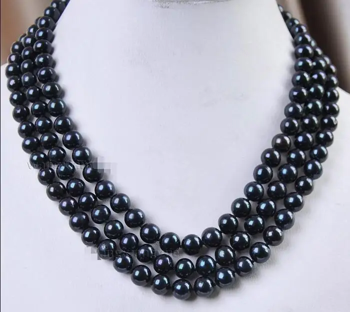 

Beautiful 3Rows 8-9 mm Natural Cultured Black Pearl Jewelry Necklace