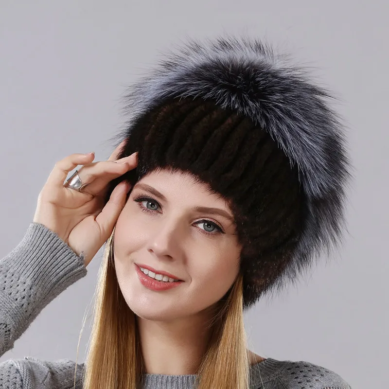 Winter Warm New Real Mink Hat Fox Strip Horizontal Suture Woman's Skis Hat Fur Hooded Hat High Quality Silver Fox Fur  Warm Cap