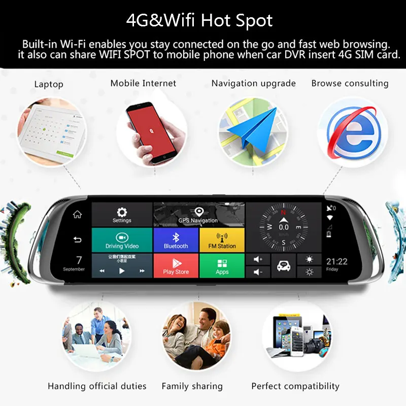 Anstar 10 &quotзеркало заднего вида камера Android 4G Автомобильный видеорегистратор