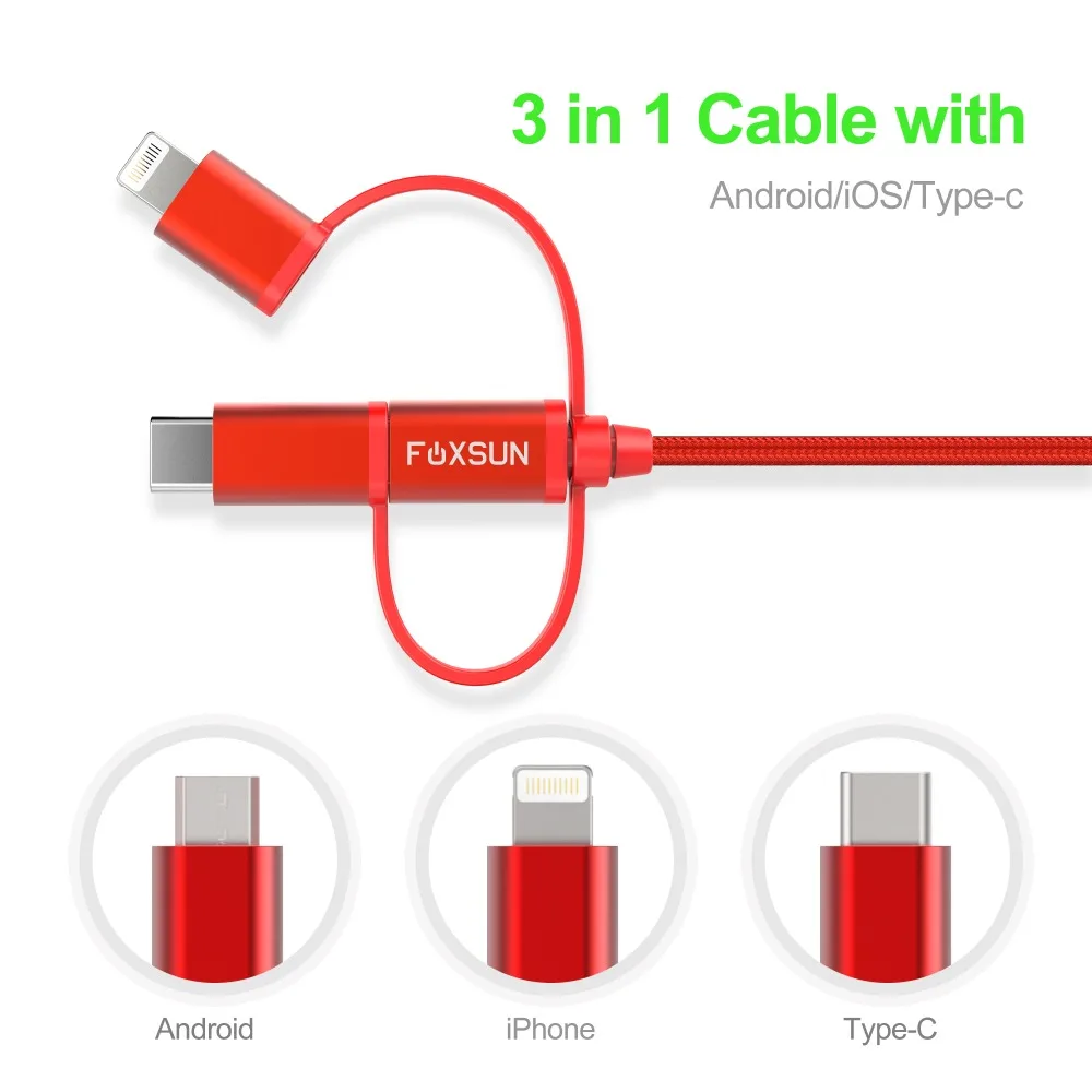 Foxsun USB кабель для iPhone X/8/7/6 MFI Сертифицированный 3 в 1 передачи данных нейлоновая