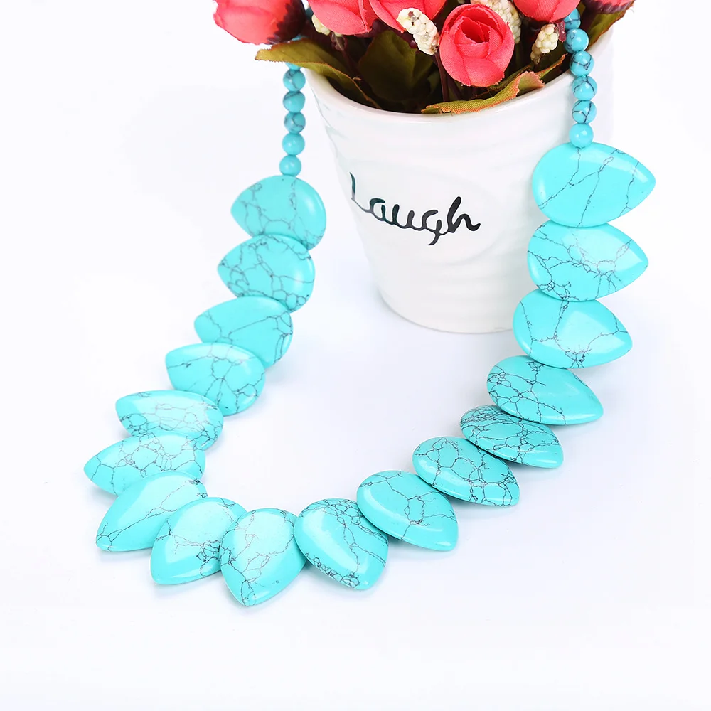 

Female Long Pearl Water Drops Turquoise Necklace Leaf Choker Flower Charm Jewelry Women Love Necklace Turquoise Accessories New