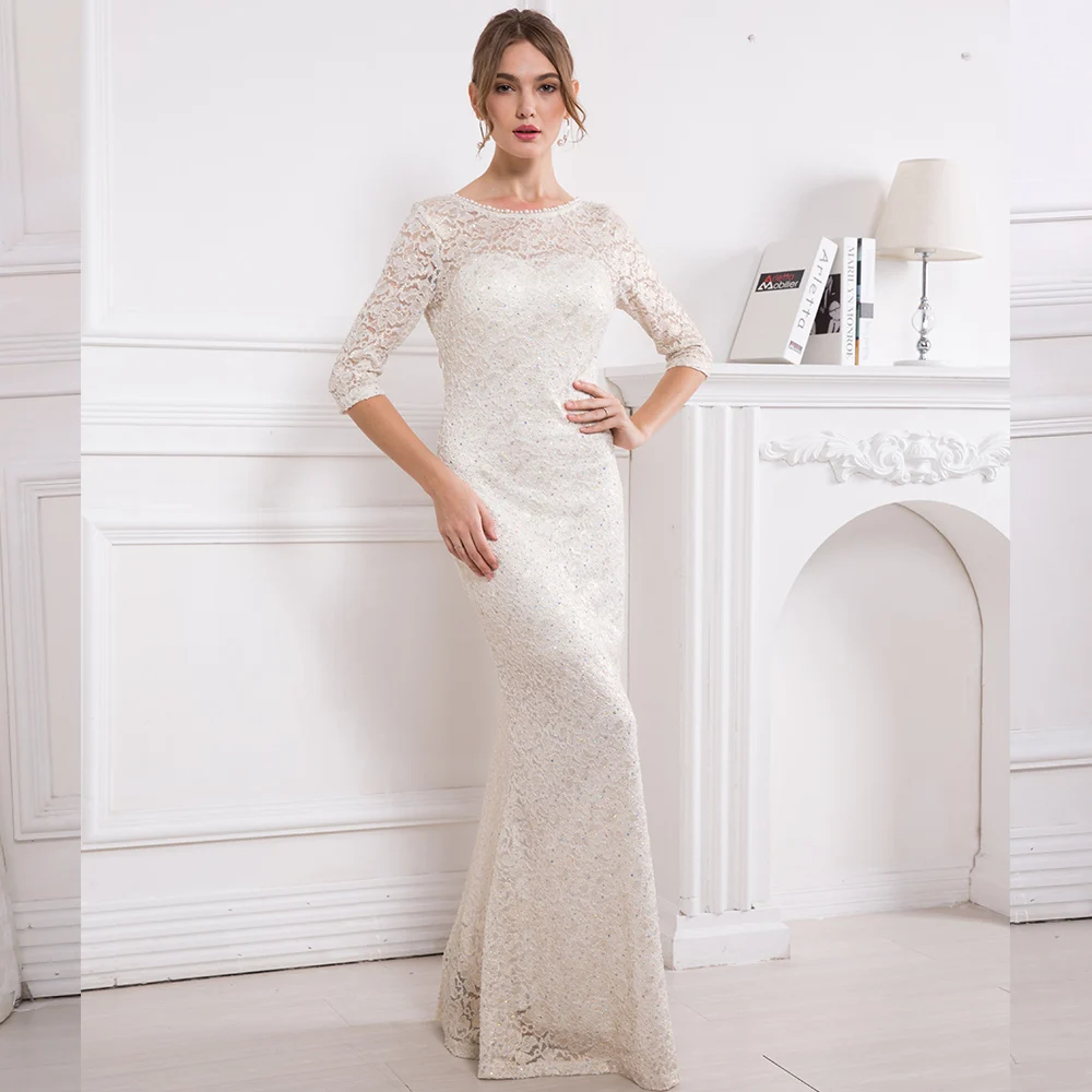 

Angel-fashions Women's Half Sleeve vestido de fiesta de boda Illusion Lace Formal Evening Dresses Peplum Gown 415