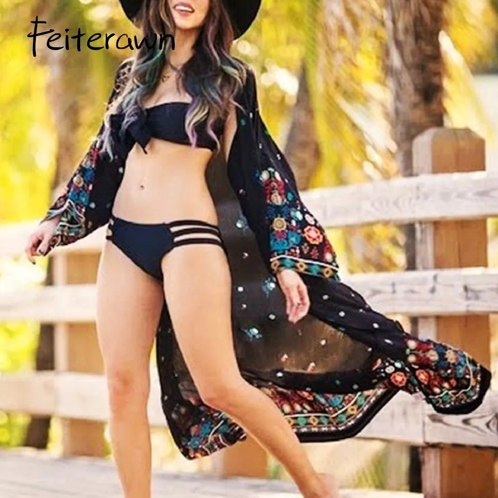 Feiterawn 2018 Для женщин Летние черные Солнцезащитная одежда Кардиган с длинным