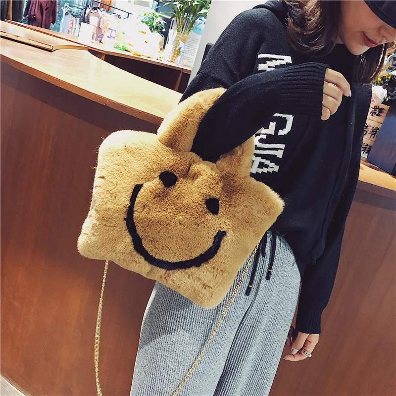 Плюшевая Сумка тоут со смайликом зимняя теплая женская сумка с искусственным