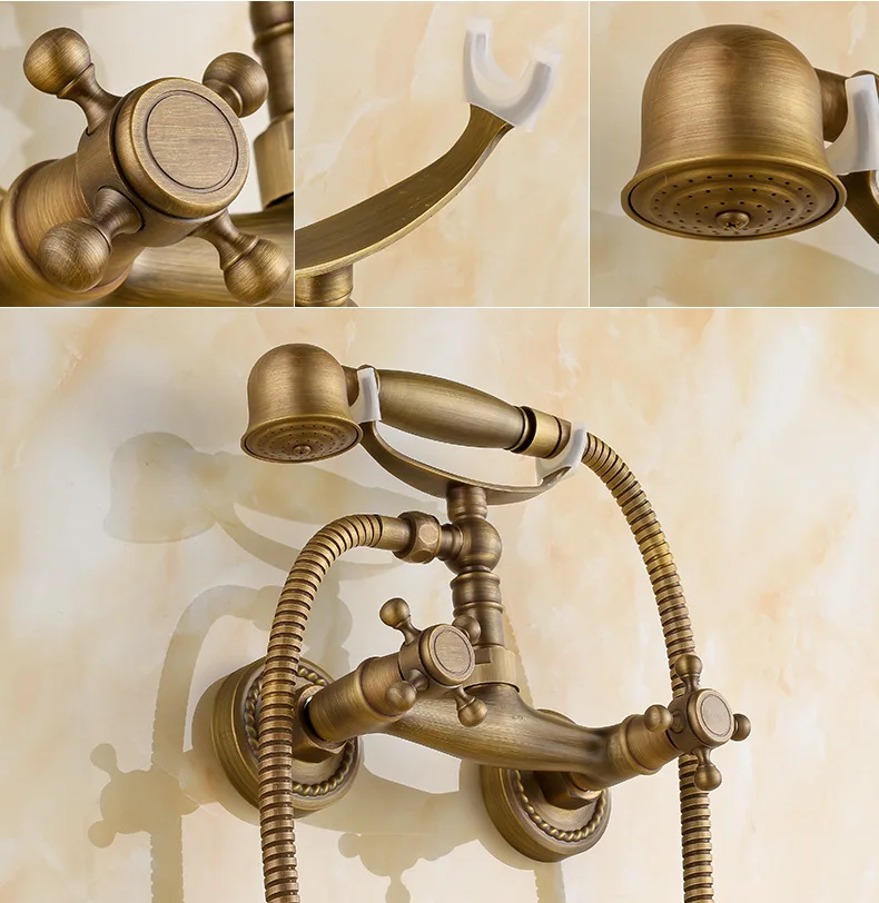 

Free shipping European style antique bronze wall mounted copper shower sets double handle phone design shower faucet shower hose