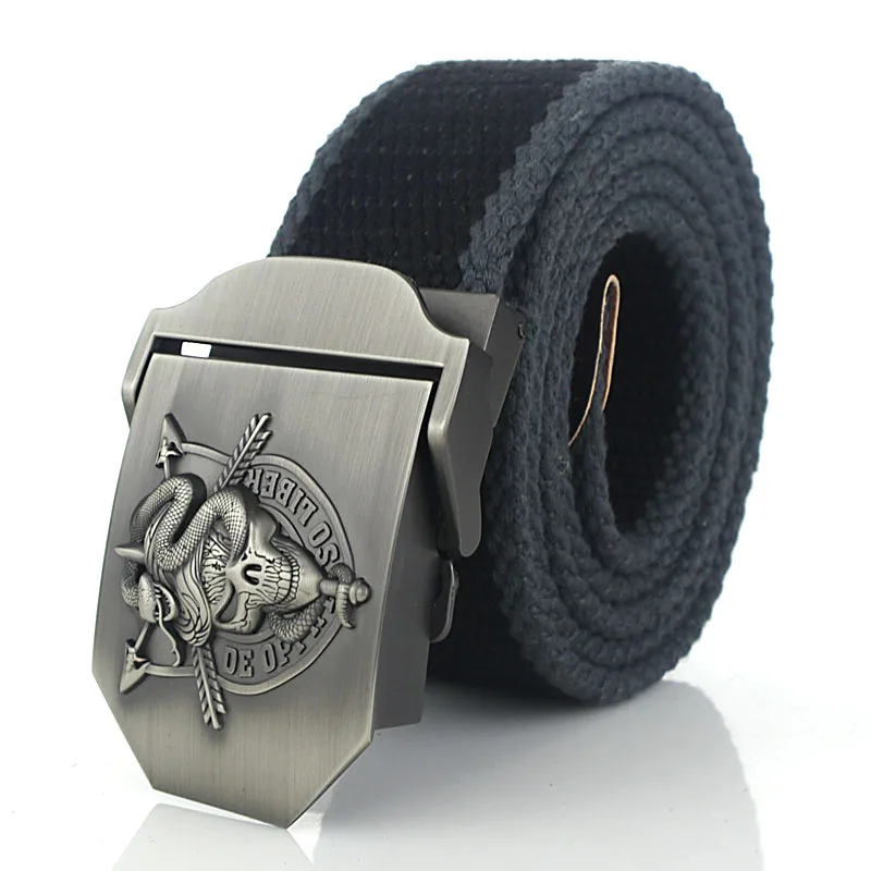 Black dark gray side BOKADIAO мужской и женский военный брезентовый ремень роскошный Кобра череп металлический пояс с пряжкой для джинсов армейские тактические ремни для мужчин ремень - Цвет: Black dark gray side