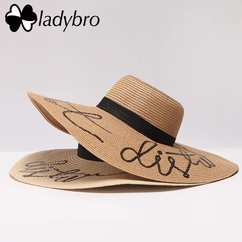 Ladybro Summer Women Sun Hat Wide Brim Beach For Female Elegant Party Vintage Floppy Ladies Vacation Sequins Straw | Аксессуары для