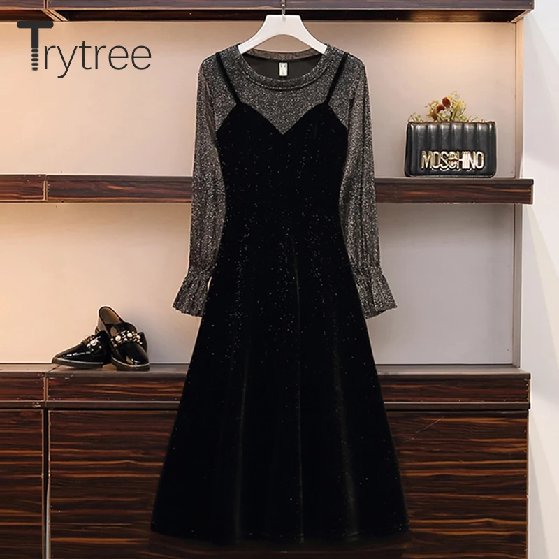 Женское платье с круглым вырезом Trytree повседневное блестящее бархатное вечернее