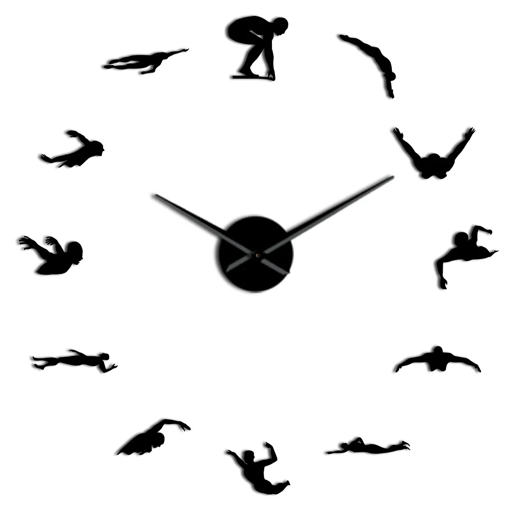 Black Swimming Sport 3D DIY Wall Clock Unique Gift For Swimmer Mirror Surface Quiet Sweep Clock Watch Athlete Fashion Home Decoration - Цвет: Black