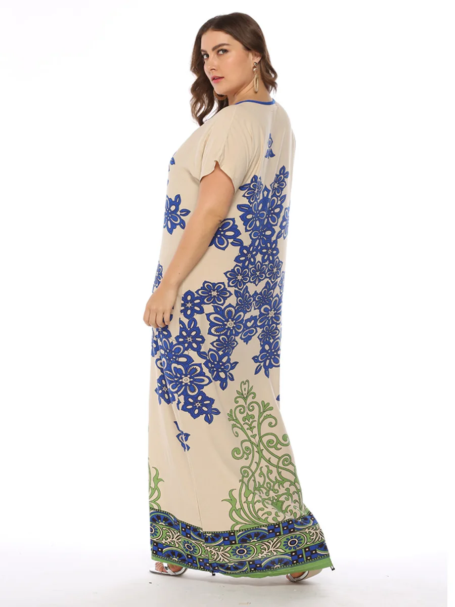 Women Muslim Abaya Maxi Dress Summer Floral Print Loose Bohemian Short Sleeve Kaftan Arab Dressing Gown Jubah Islamic Clothing |