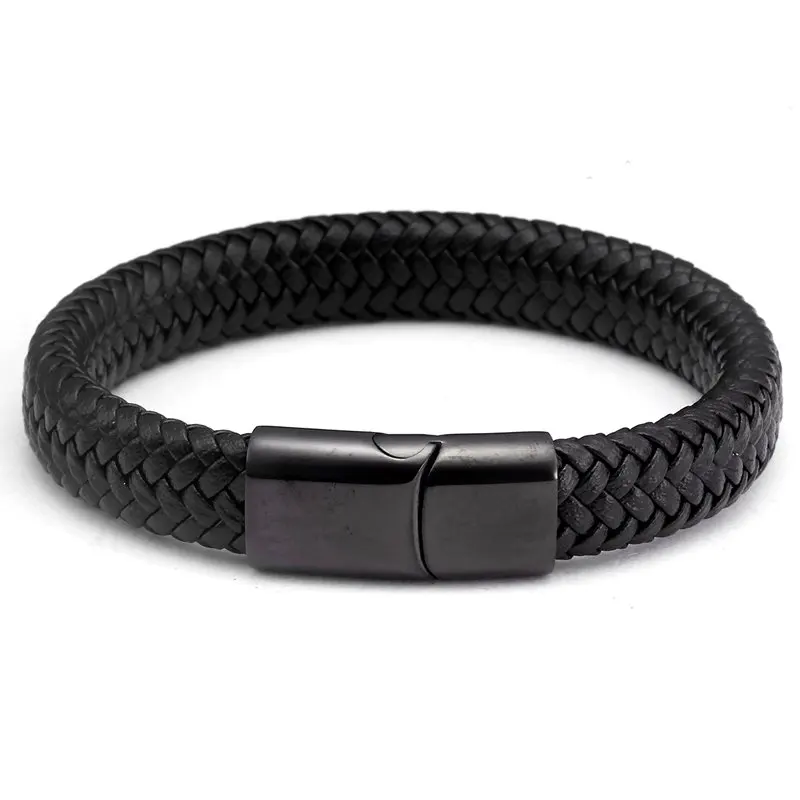 

Vintage Braided Chain Link Black Soft Genuine Leather Male Men Bracelets Punk Stainless Steel Sporty Charm Bracelets