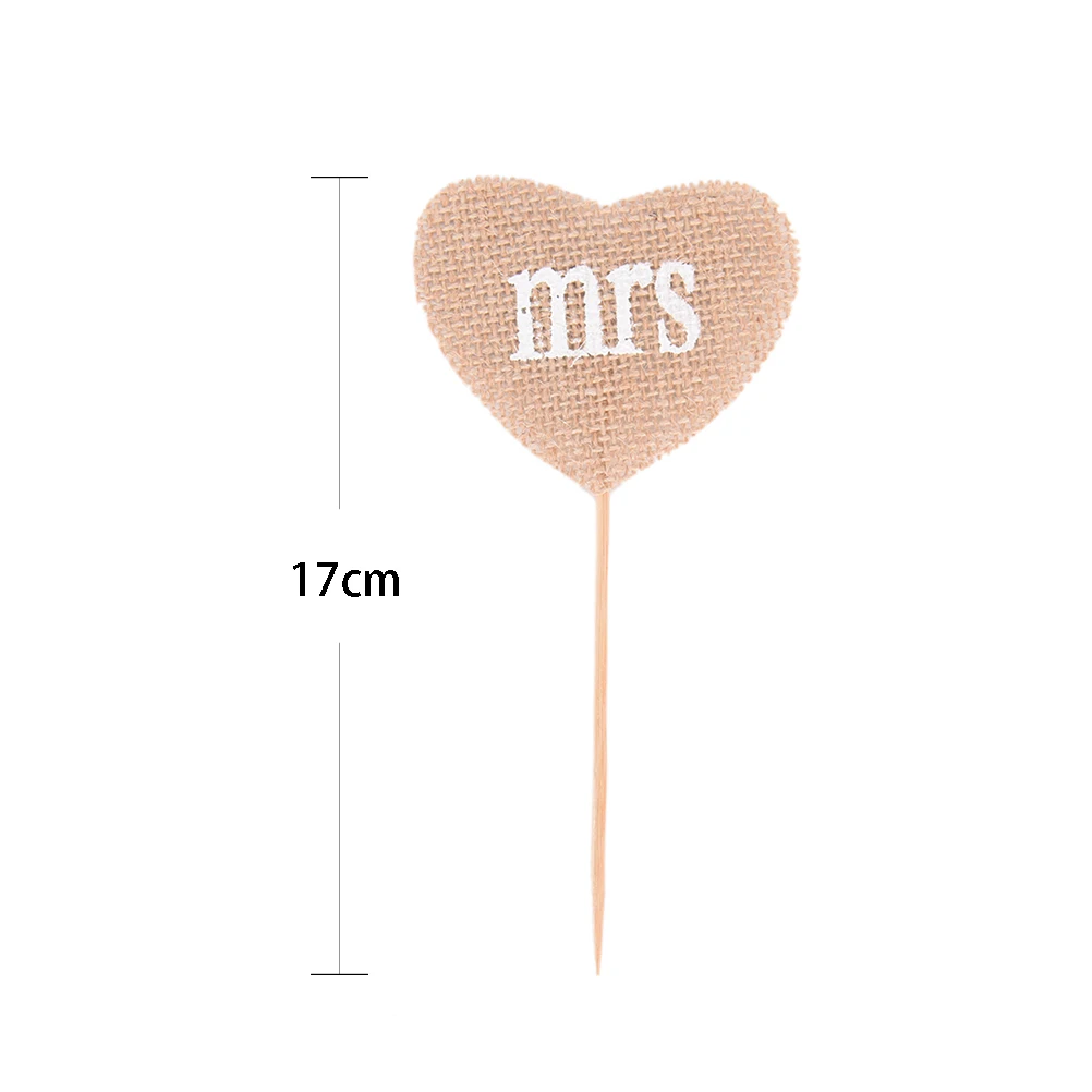 

Mr&Mrs Design Cup Cake Toppers Natural Jute Burlap Picks Rustic For Vintage Wedding Party Dessert Baking Decoration