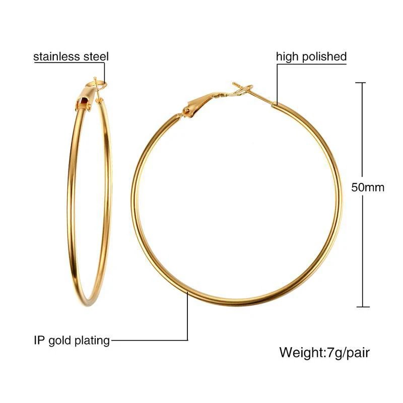 KE128-Gold-50 Большие серьги-кольца с золотым и титановый, серебряного цвета сталь простой стиль круг круглые серьги аксессуары для женщин Бегемот KE128 - Окраска металла: KE128-Gold-50