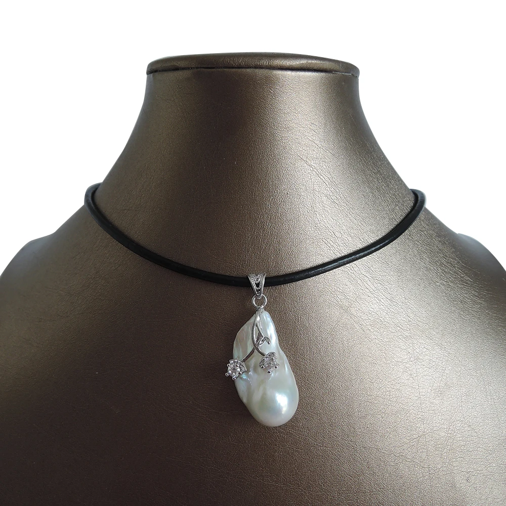 

100% nature freshwater pearl pendant necklace ,REAL LEATHER chain-20-25mm baroque pearl pendant ,IN SILVER COLOR ,flower