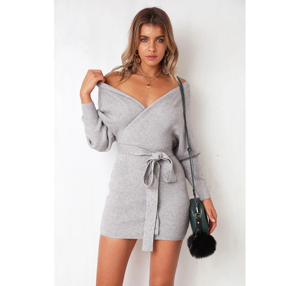 NORA TWIPS New Autumn Winter Women Sweater Dress Cross Double V-neck knitted Warm Dresses Sexy Bodycon Slim Belted |