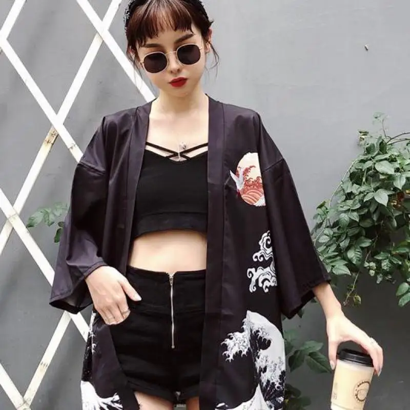 Haori японский стиль для женщин кимоно кардиган рубашка Летняя тонкая Свободная блузка с принтом Повседневная традиционная юката азиатская одежда
