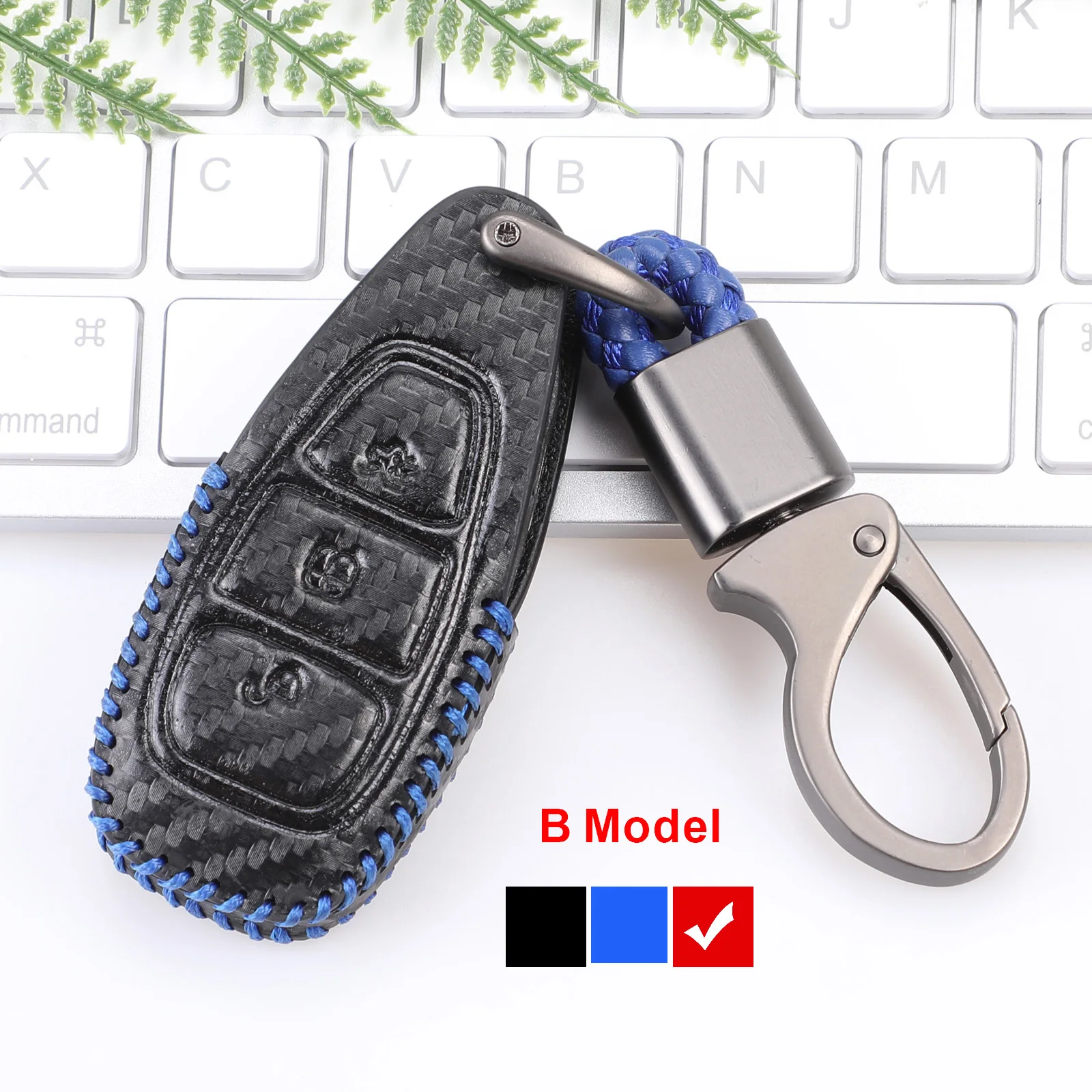 B model Blue УГЛЕРОДНЫЙ автомобильный Стильный кожаный чехол для ключей для Ford Focus 2 3 4 MK2 MK3 MK4 Kuga Edge Mondeo Fusion Ecosport Fiesta - Название цвета: B model Blue