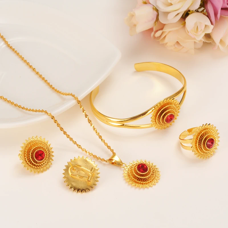 Habesha Set Ethiopia Style Necklace Earrings Ring bangle Gold Color Jewelry Sudan women girls cz cystal bridal Wedding Gift | Украшения и