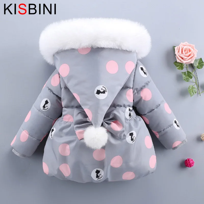 Детское теплое пуховое пальто KISBINI куртка с капюшоном в горошек и котом верхняя