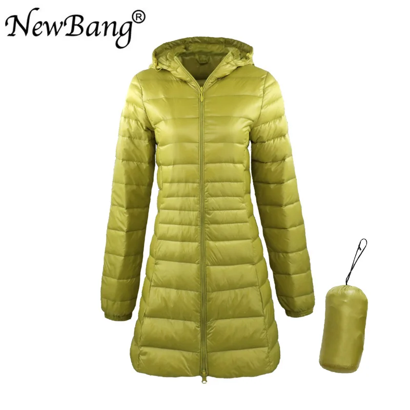 NewBang 8XL женское длинное теплое пуховое пальто с портативной сумкой для хранения, женский ультра легкий пуховик, женские пальто, длина до бедра