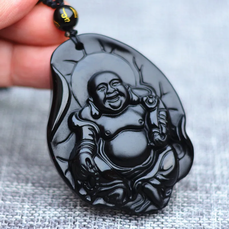 Высокое качество натуральный черный обсидиан камень кулон Maitreya Смеющийся Будда