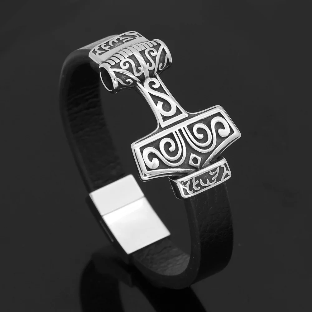 Мужской браслет Молот Тора MJOLNIR из натуральной кожи нержавеющая сталь с