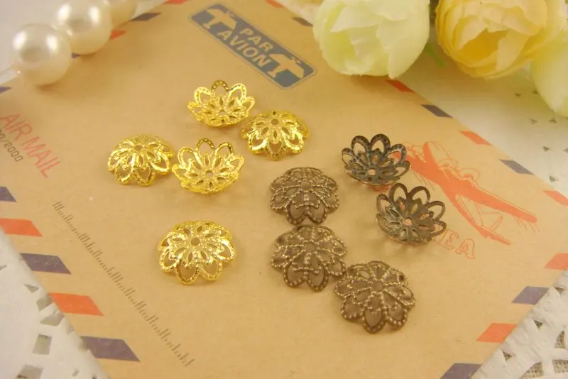 50pcs/lot 10mm Gold  Bronze Rhodium Hollow Flower Filigree Metal Bead Caps Hat End Caps