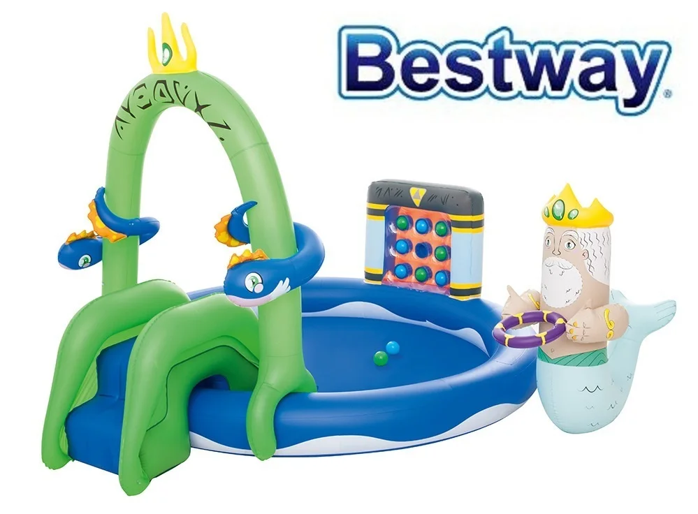 53057 Bestway 231x193x150 см надувной пластиковый бассейн с распылителем горкой корзиной