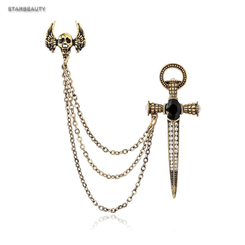 Брошь в виде летающего черепа, Мужская бутоньерка для костюма, Корейская брошка для мужчин, нагрудная заколка, Женская брошка на цепочке, Рождественский подарок