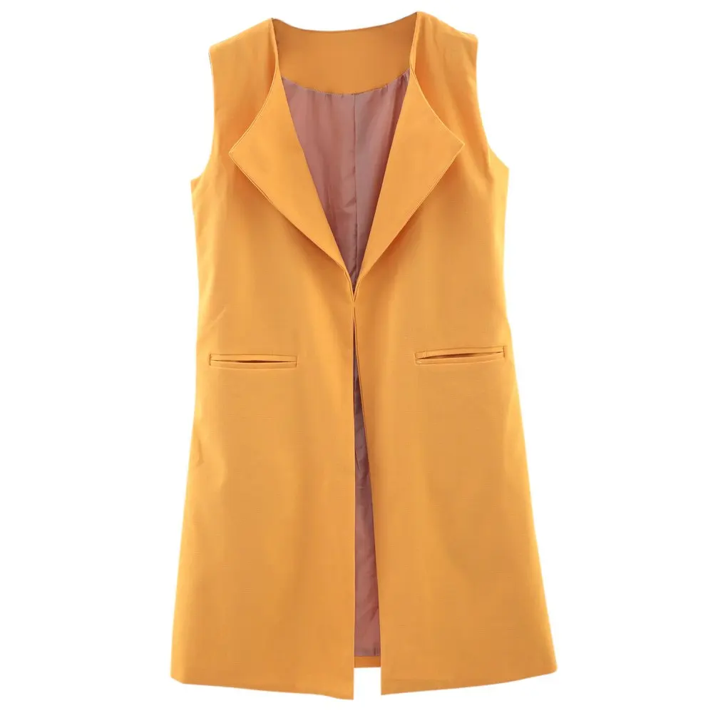 Nice Fashion Orange Long Vest Woman Sleeveless Lapel Collar Pocket Open Stitch Casual Winter Plus Size Waistcoat | Женская одежда