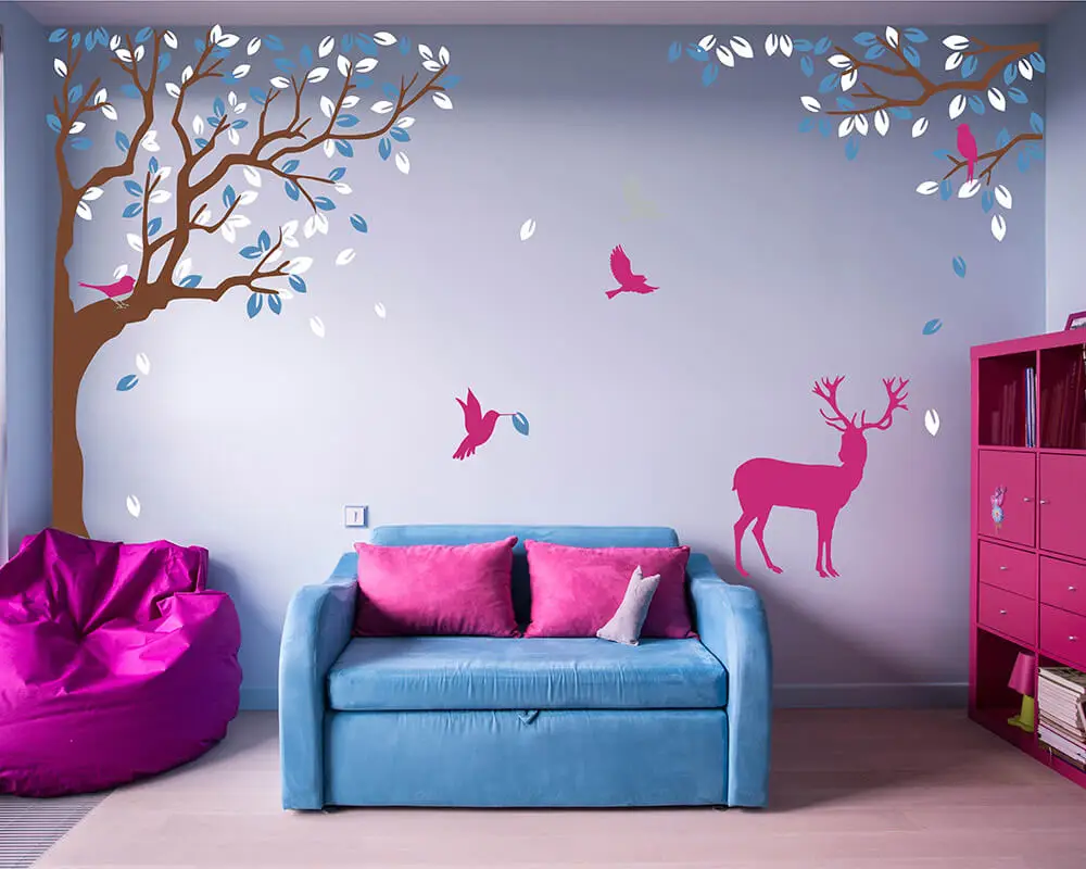 

Corner Tree Decal Large Corner Tree Wall Sticker Tree with Birds and deer Wall Sticker Deer Tree Sticker 767T