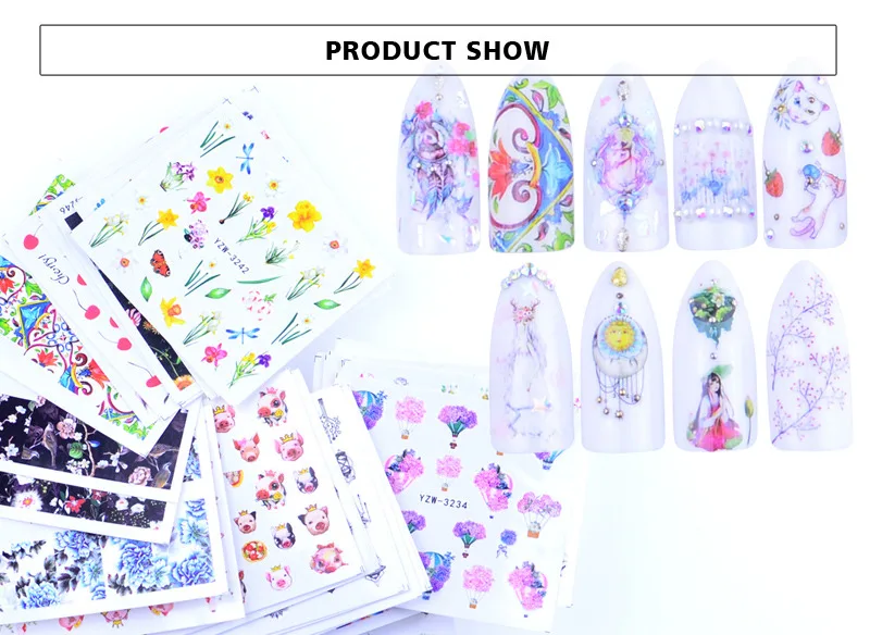 48pcs Watercolor Floral Flower Sticker Nail Decal Set Flamingo Letter Design Gel Manicure Decor Water Slider Foil