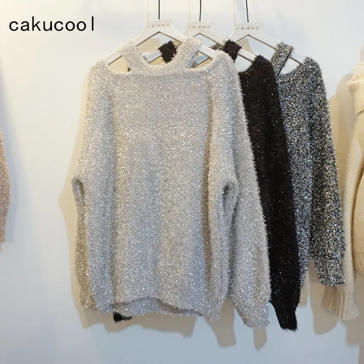 Cakucool Для женщин Золотой Люрекс Свитеры для женщин Серебряный Нитки с открытыми плечами пикантные Джемперы осень Bling украсить свитер вязать тянуть женский