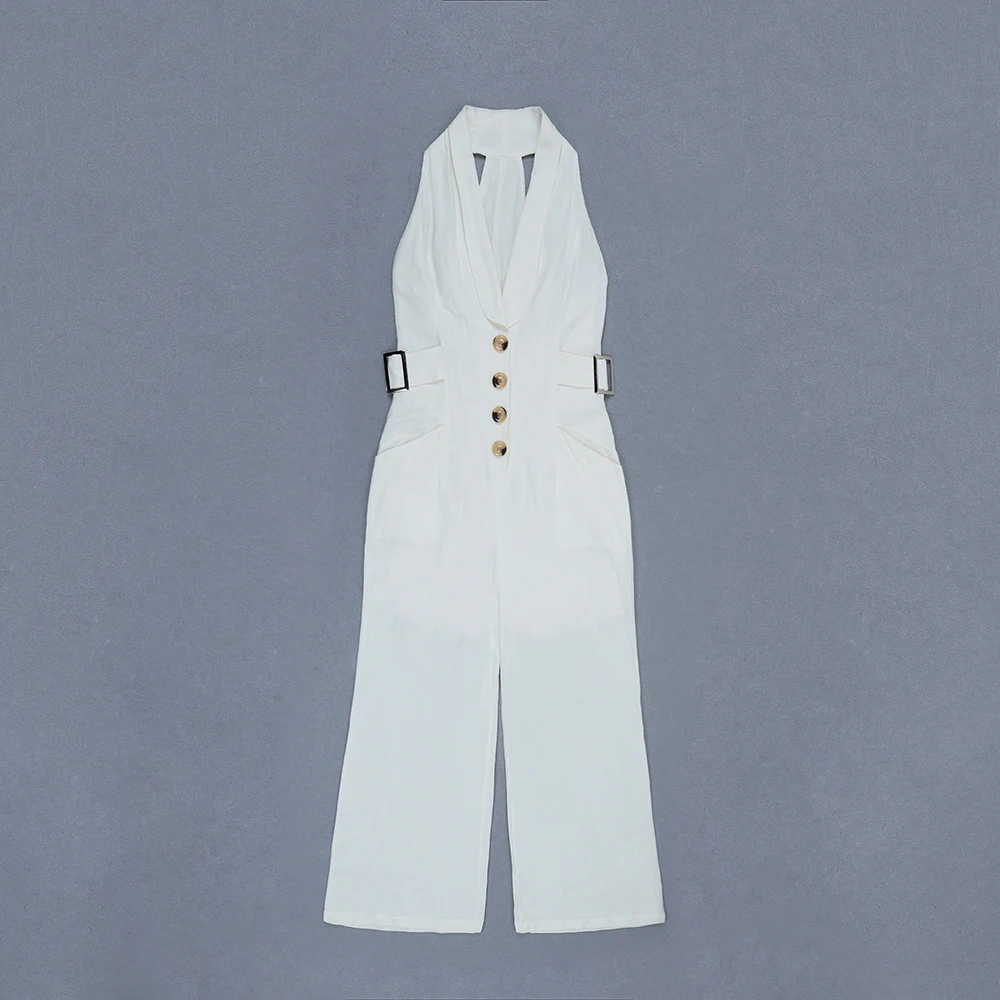 

2019 NEW Women white halter off shoulder sleeveless fashion Jumpsuit Vestido Bandage Knitted Celebrity Evening Party jumpsuits