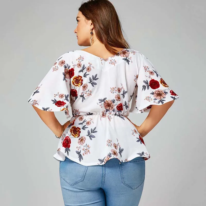 PlusMiss плюс размеры 5XL Цветочный Принт поясом баски Блузка для женщин Лето V
