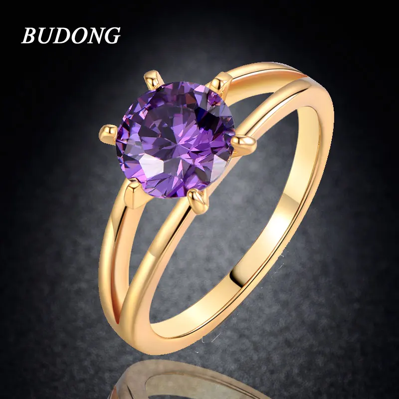 Женские золотые кольца BUDONG обручальные золотого цвета с фианитом из фиолетового