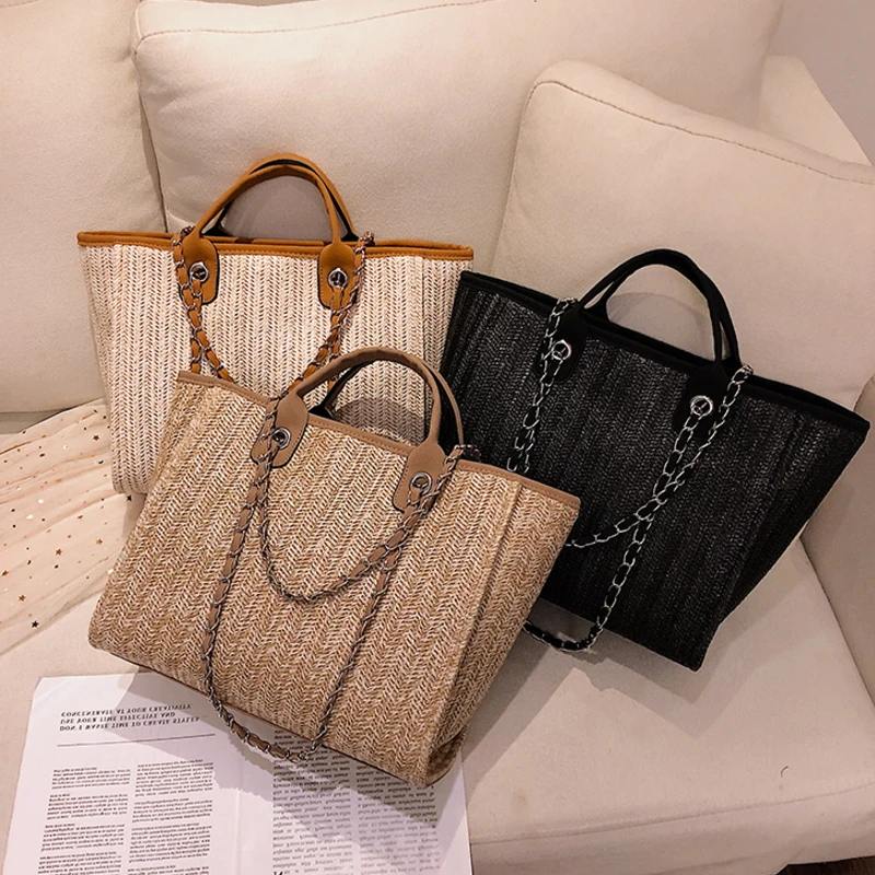 Women's Summer Bag New Style Large Capacity Chain One Shoulder Fashion Luxury Designer Simple Grass Woven Totes Handbag | Багаж и
