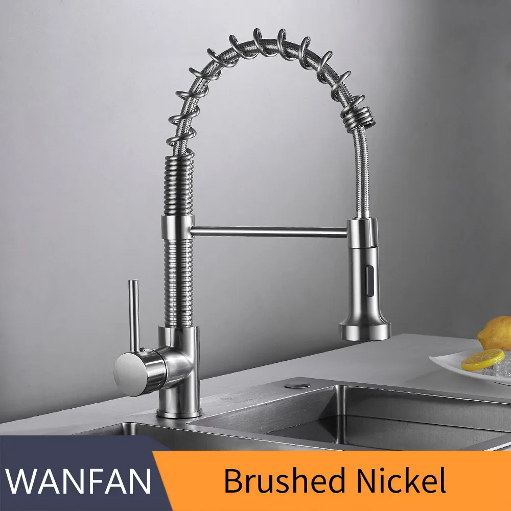 Brushed Nickel Смесители для кухни, матовый никель, смесители для кухонной раковины, вытяжной пружинный носик, смесители, кран с одним рычагом, кран для горячей и холодной воды, 9010 - Цвет: Brushed Nickel
