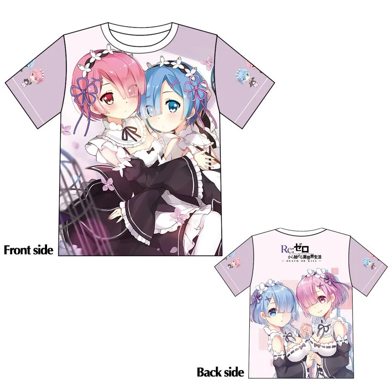 Летняя аниме футболка Rem and Ram с надписью Re:Life in a different world from zero красочная принтом